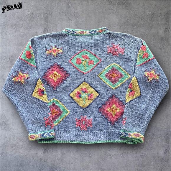 L.L.Bean Sweater Womens Medium Purple Ramie Intarsia Floral Geometric Pullover - Picture 2 of 13